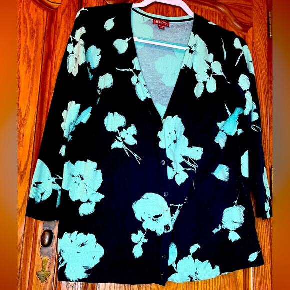 Aqua and Navy Floral Cardigan Size XXL - Picture 1 of 5